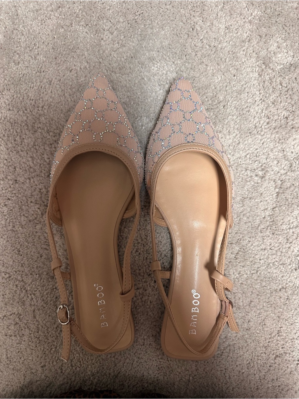 BAMBOO Nude Pink Pointed Toe Slingback Flats with Rhinestone Detail